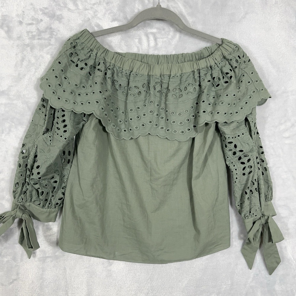 Parker Womens Top Eyelet Off The Shoulder Green Blouse S 3/4 Sleeve Embroidered